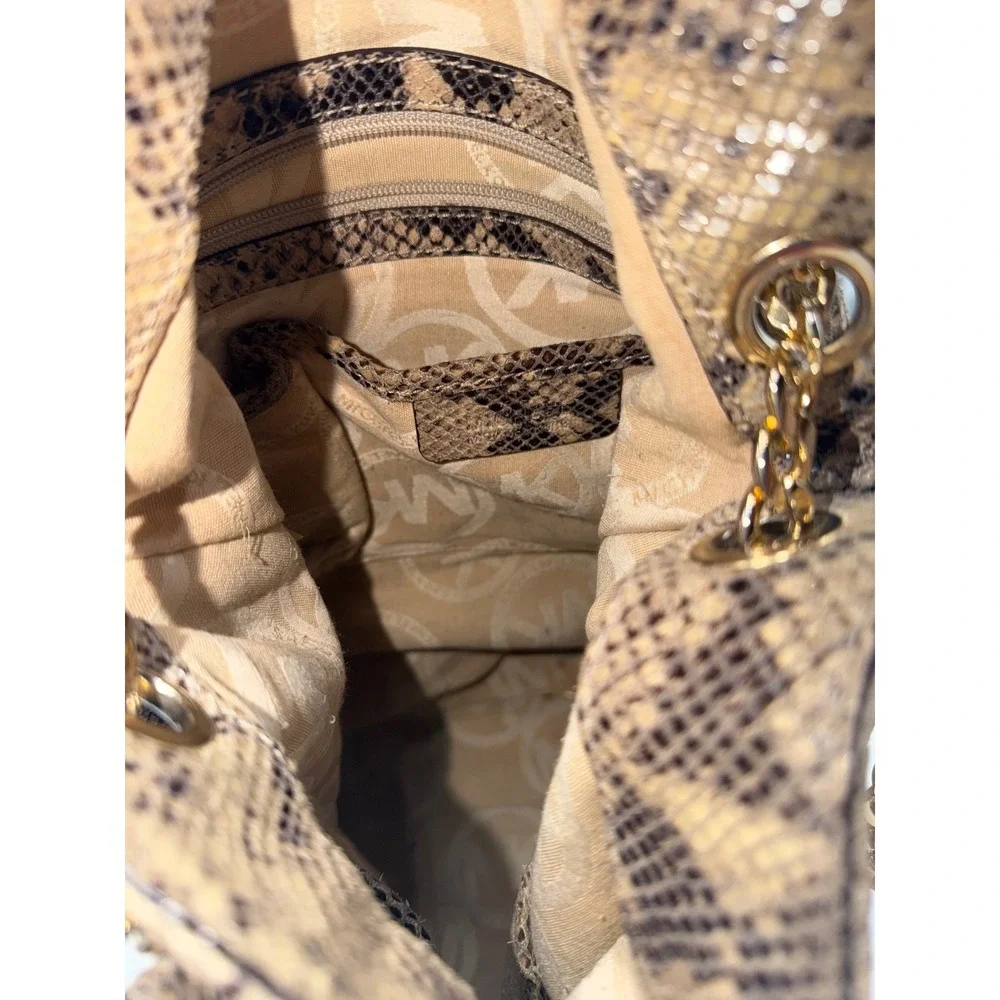 Michael Kors Snakeskin Embossed Leather Hobo Bag Brown Gold Hardware Crossbody